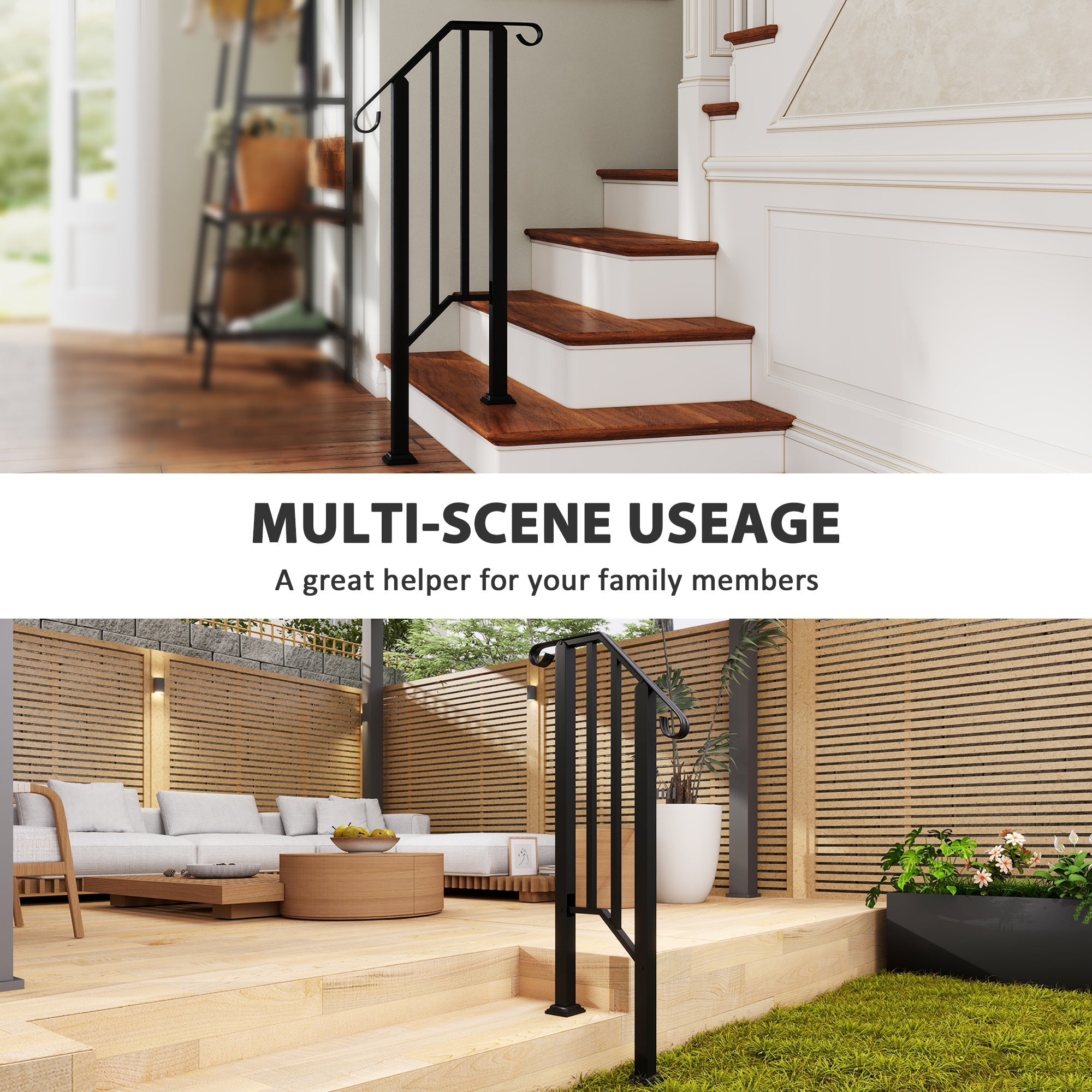 Outsunny 1-2 Step Handrails for Outdoor Steps, Metal Outdoor Stair Railing, Porch Deck Railing with Installation Kit, Black 