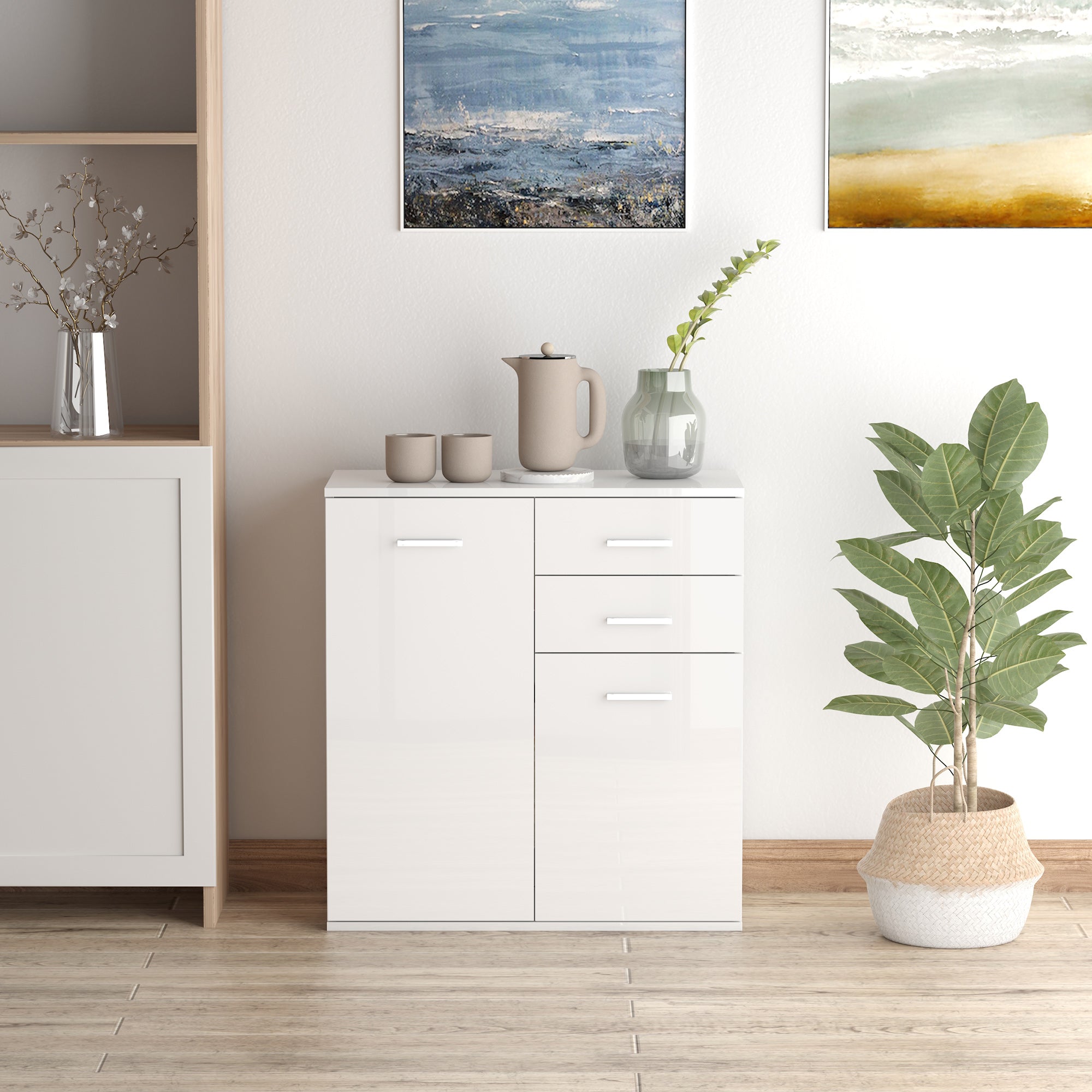 HOMCOM Storage Cabinet Console Sideboard Table Organizer with Drawers, Living Room Entryway Kitchen, White Simplicity 