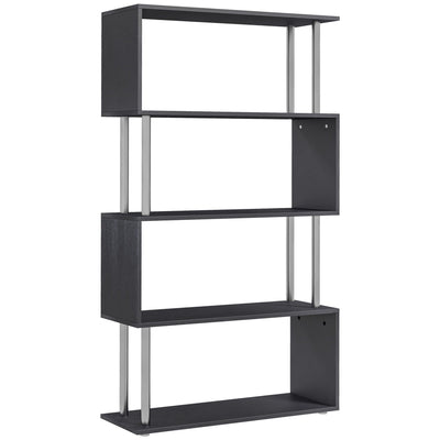 HOMCOM 5-Tier Z-Shape Bookcase: Wooden Shelves with Steel Frame for Living Room, Bedroom, Office, Black 
