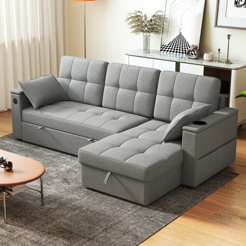 Convertible Sectional Sofa Bed, Pull Out Sleeper Sofa Couch with USB‑A+C, Chaise Storage, L-Shaped Futon Couch, Grey