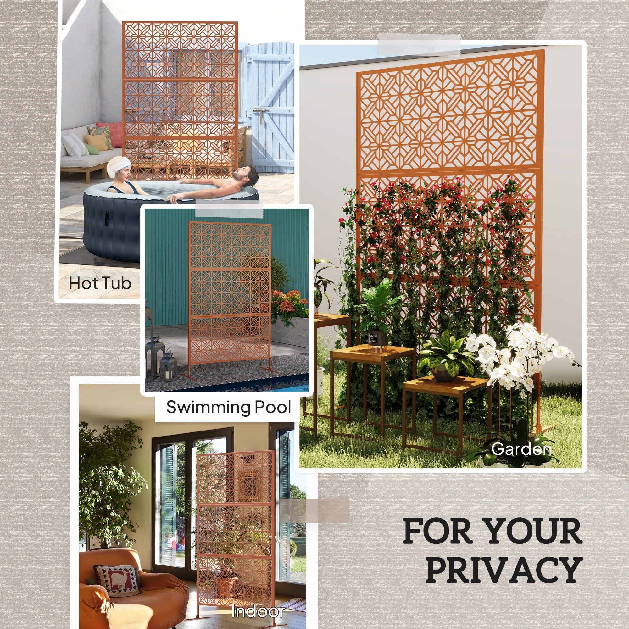 Outsunny Decorative Outdoor Privacy Panel with Stand, Freestanding Metal Outdoor Divider for Garden, Backyard, Deck, Brown 