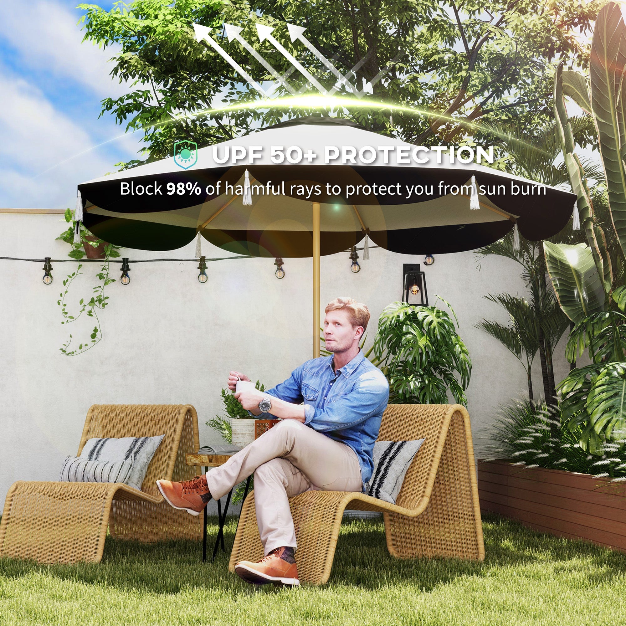 Outsunny 9FT Patio Umbrella Parasol, UPF 50+ Outdoor Market Umbrella with 8 Ribs, Vented Patio Table Umbrella for Deck, Backyard and Lawn, Beige 