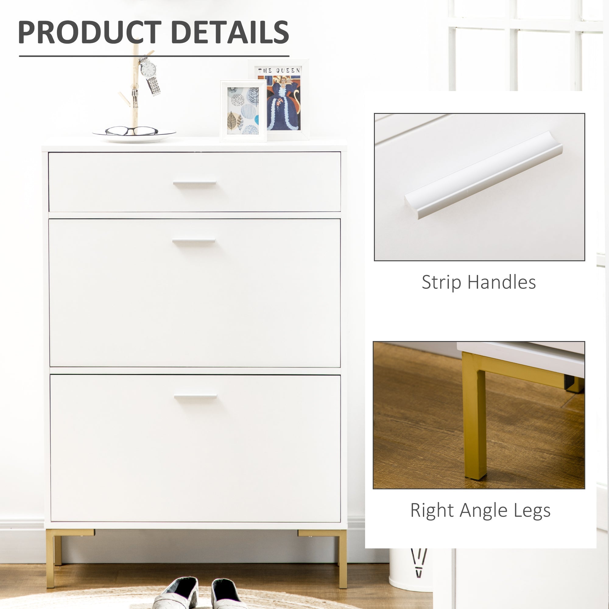 HOMCOM Modern Shoe Cabinet: 12-Pair Storage Organizer with 2 Flip Doors, Drawer & Adjustable Shelf, White 