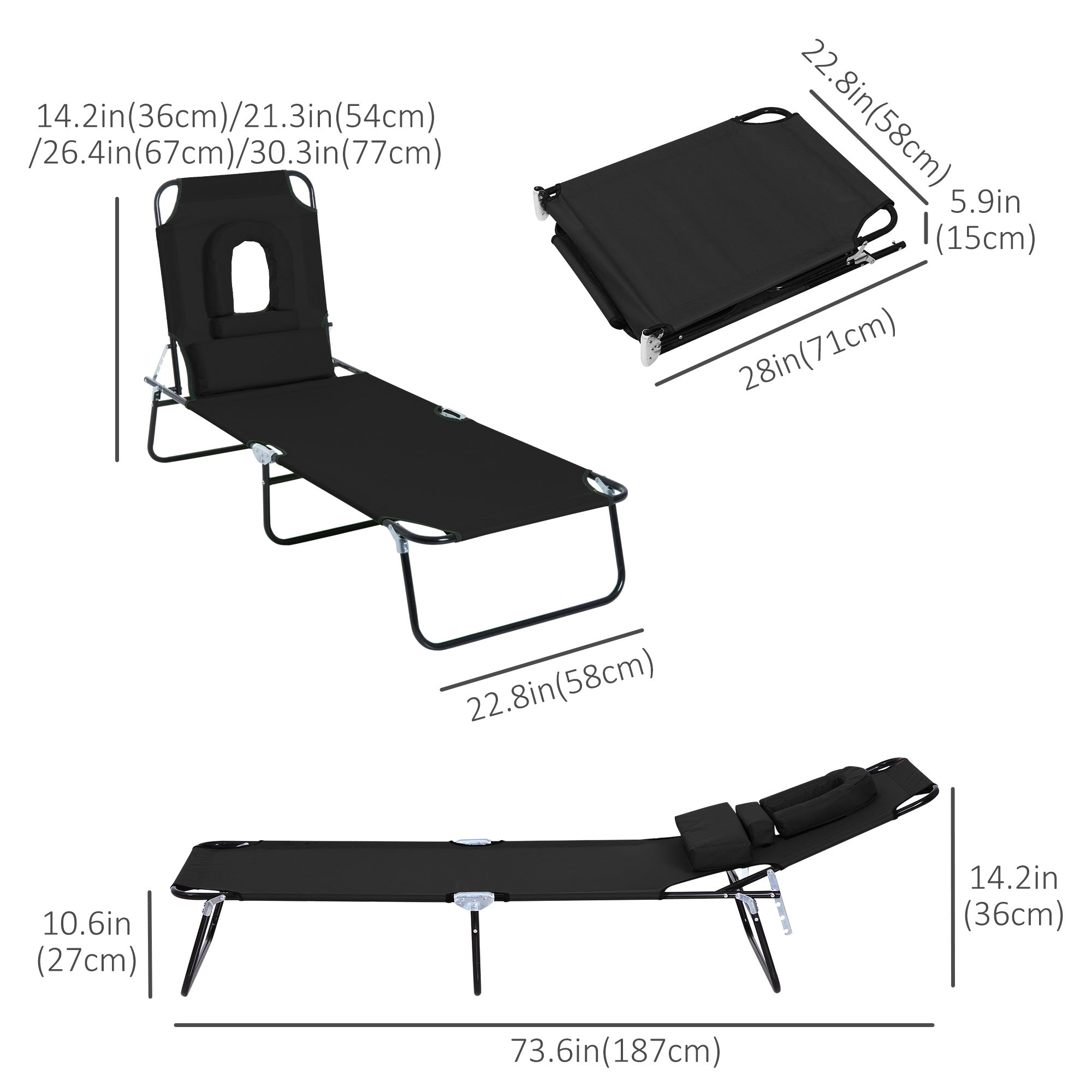 Outsunny Adjustable Garden Sun Lounger w/ Reading Hole Outdoor Reclining Seat Folding Camping Beach Lounging Bed Black 