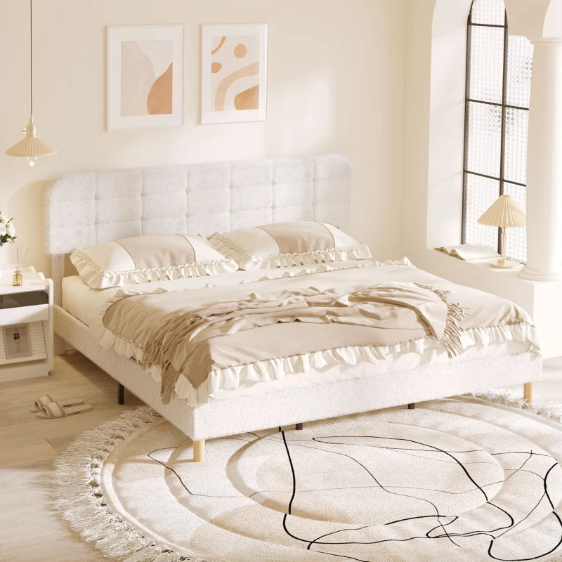 King Size Bed Frame with Adjustable Headboard Upholstered Platform Bed Frame with Wood Slat Support Noise Free White