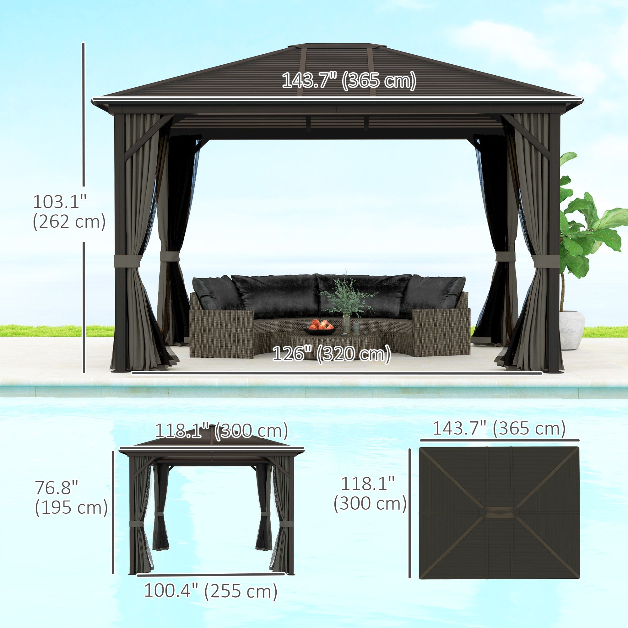 Outsunny 10' x 12' Deluxe Hardtop Gazebo with Metal Roof, Aluminum Frame Patio Gazebo Garden Sun Shelter Outdoor Pavilion with Curtains and Netting, Grey 