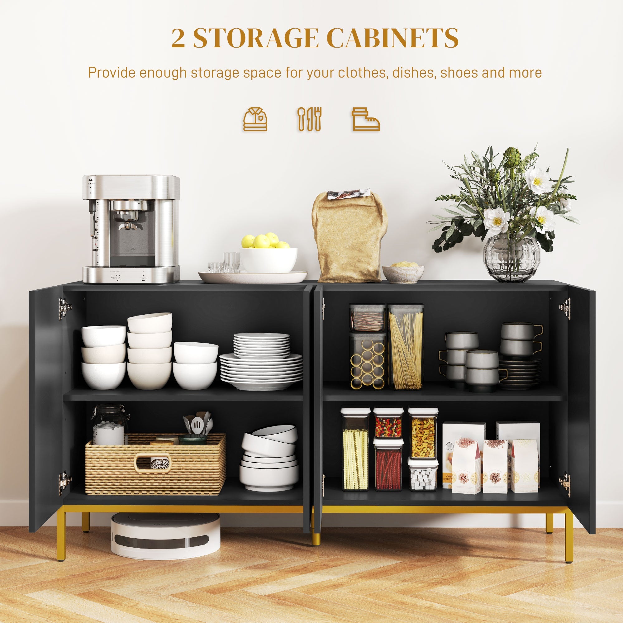 HOMCOM Sideboard Storage Cabinet with Adjustable Shelves, Soft-Close Doors, Kitchen Buffet Cabinet for Dining Room, Black 