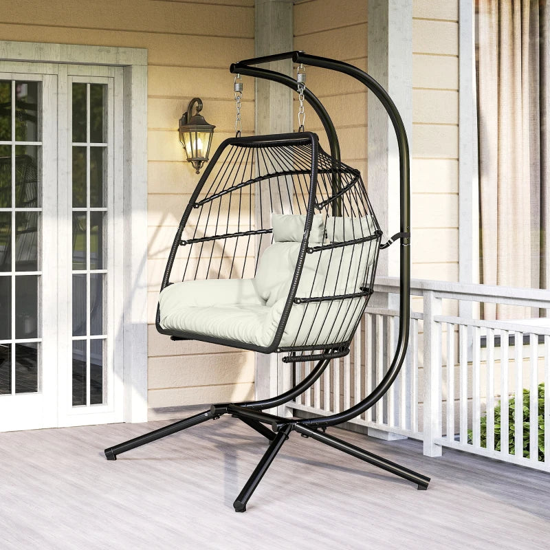 Double Wicker Egg Swing Chair with Stand, Foldable Hanging Egg Chair with UV Resistant Cushion, Headrest, Cream White