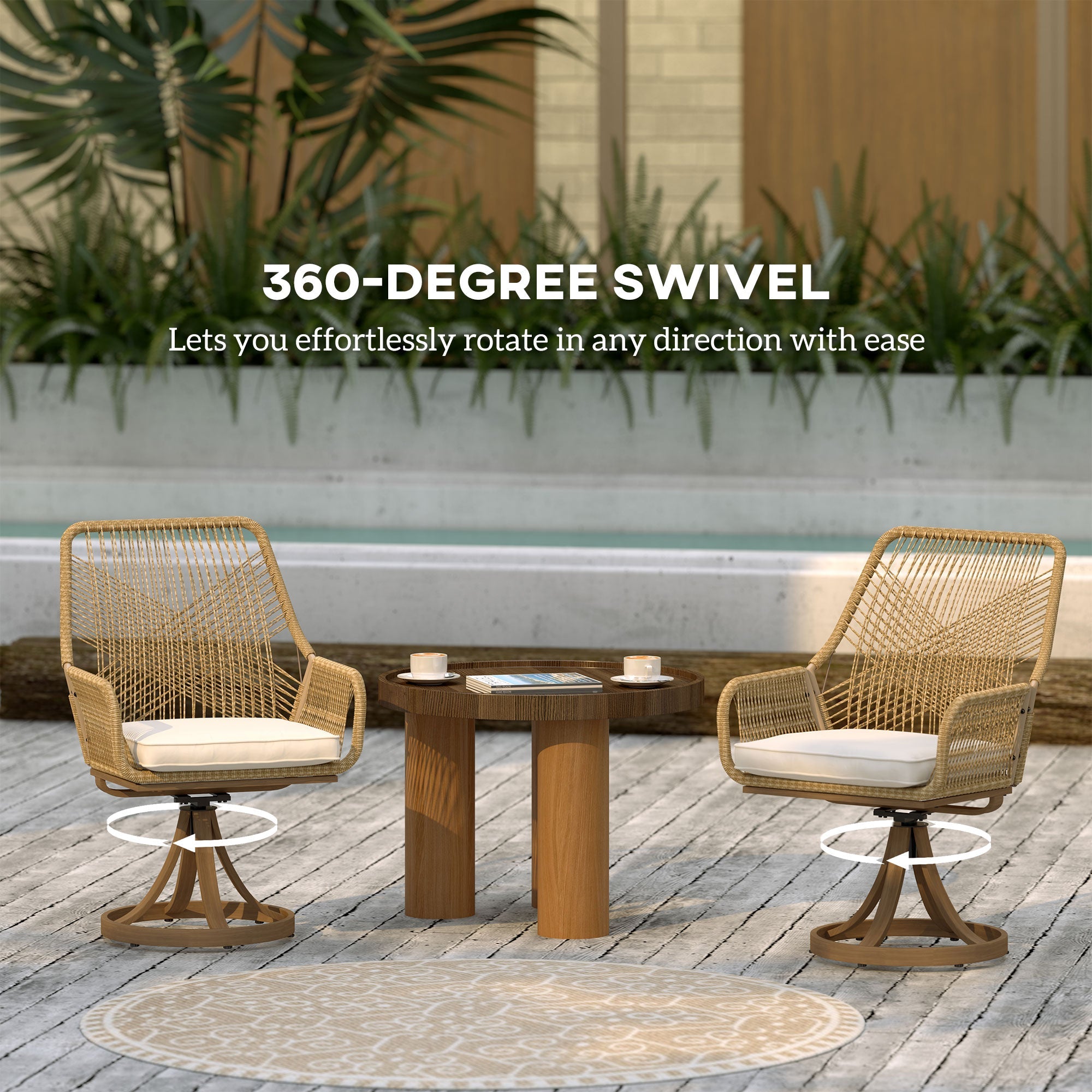 Outsunny Outdoor Swivel Dining Chairs Set of 2, Patio Rattan Chairs with Soft Cushions for Garden, Backyard, Poolside, Khaki 