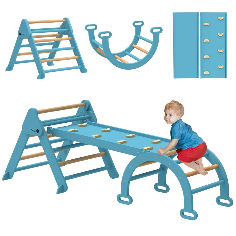 Qaba 7-in-1 Pikler Triangle Set, Foldable Wooden Climbing Toys with Arch, Ramp and Ladder for Toddlers 1-4 Years, Blue