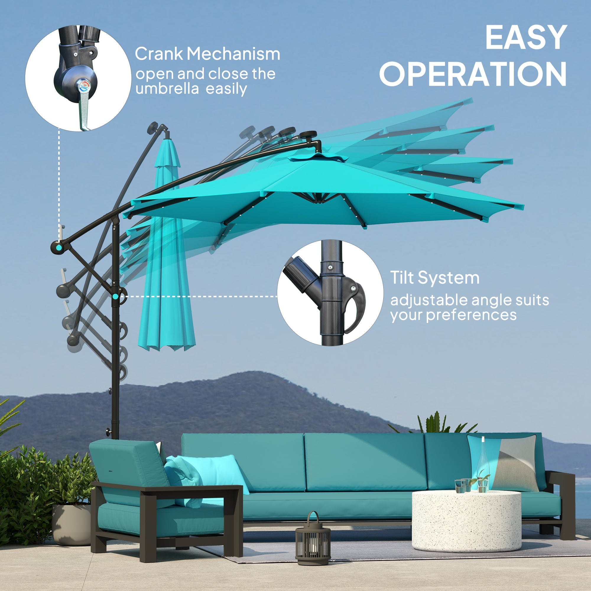 Outsunny 10ft Outdoor Cantilever Umbrella Banana Umbrella with Solar Lights and Adjustable Angle for Patio Backyard Turquoise 