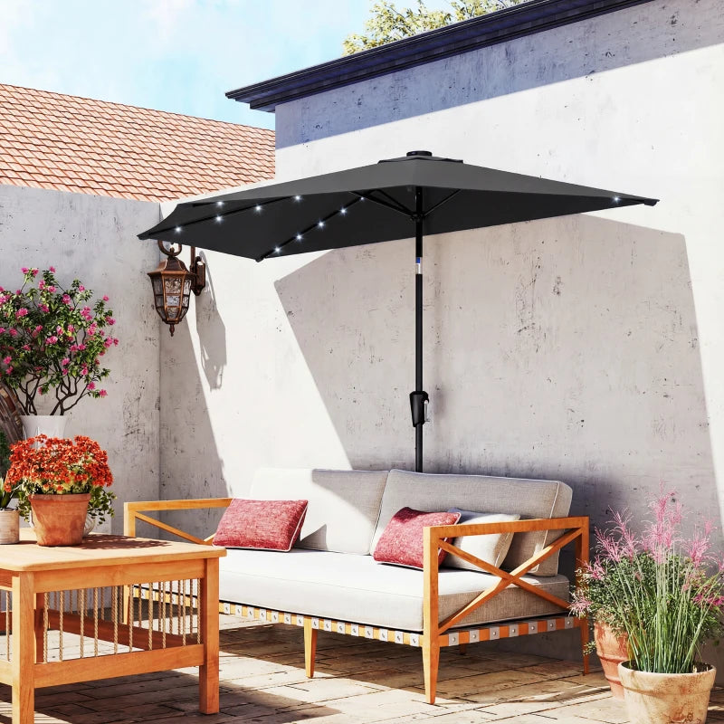 Half Outdoor Patio Umbrella with Solar LED Lights Half Umbrella with Crank 105.1" x 53.5" Black