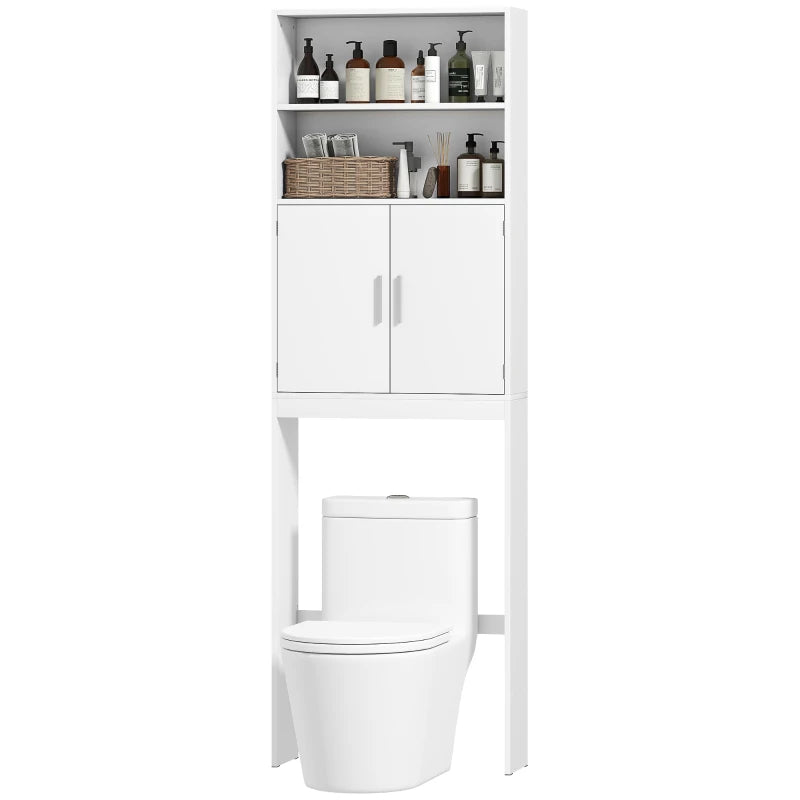 Over The Toilet Storage Cabinet, Freestanding 4-Tier Bathroom Organizer with Adjustable Shelf and 2 Doors, White