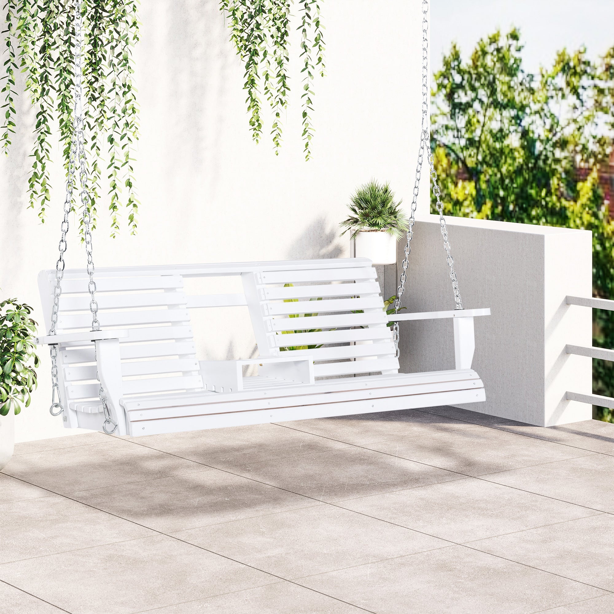 Outsunny 2 to 3 Seater Porch Swing Wood Patio Swing Chair Swing Bench with Foldable Table, Cup Holders, Steel Chains Garden, Patio 