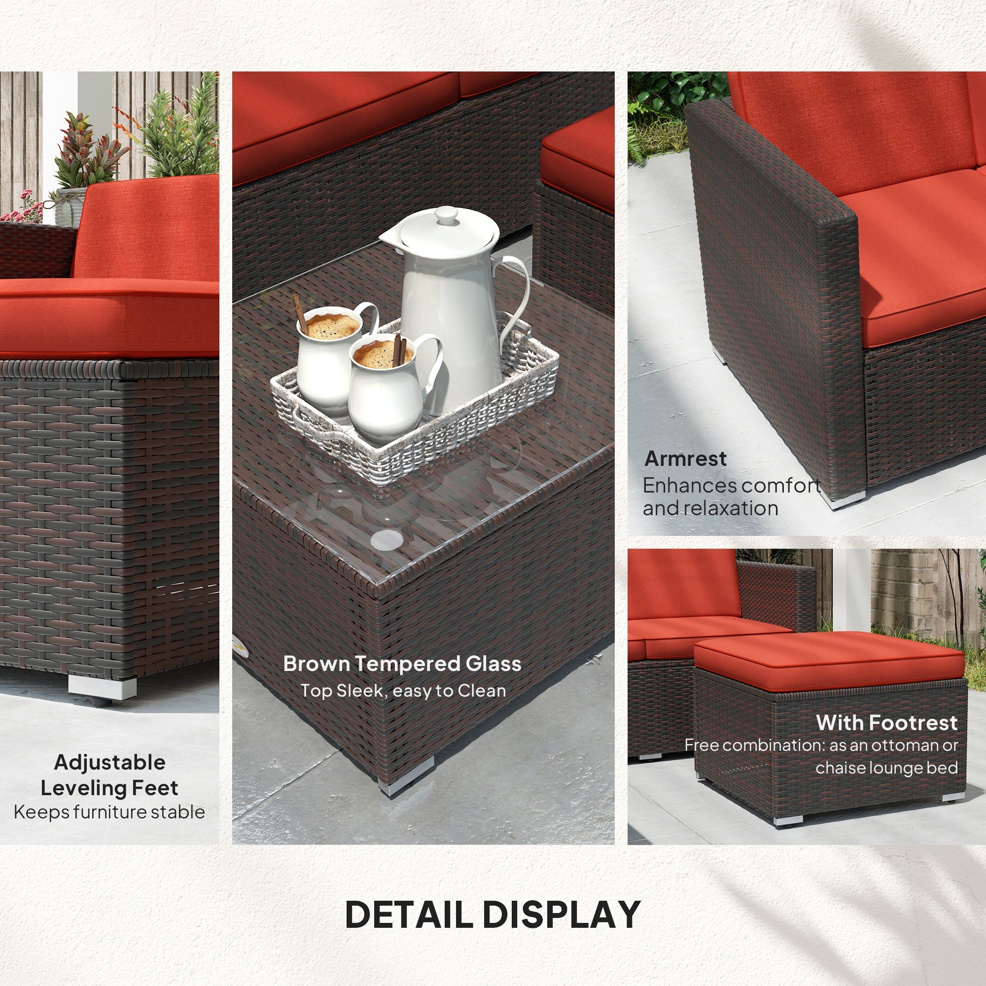Outsunny Patio Furniture w/ Soft Cushions, Corner Sofa Sets, Red 