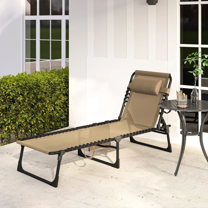 Outdoor Folding Chaise Lounge, Reclining Lounge Chair with Adjustable Backrest and Removable Pillow, Beige