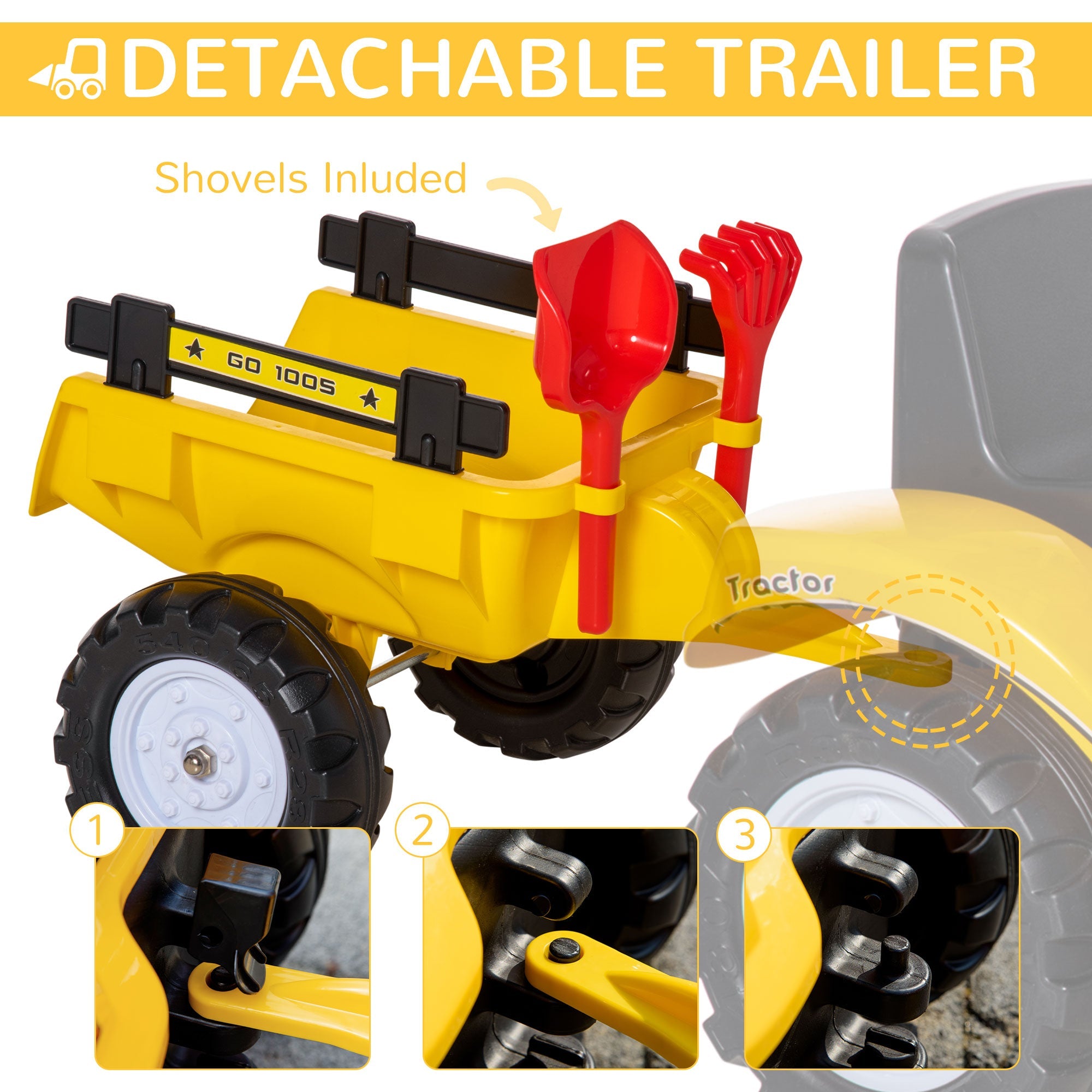 Aosom Yellow Pedal Ride On Dump Truck Front Loader Kids Ride-On Construction Tractor with Trailer 