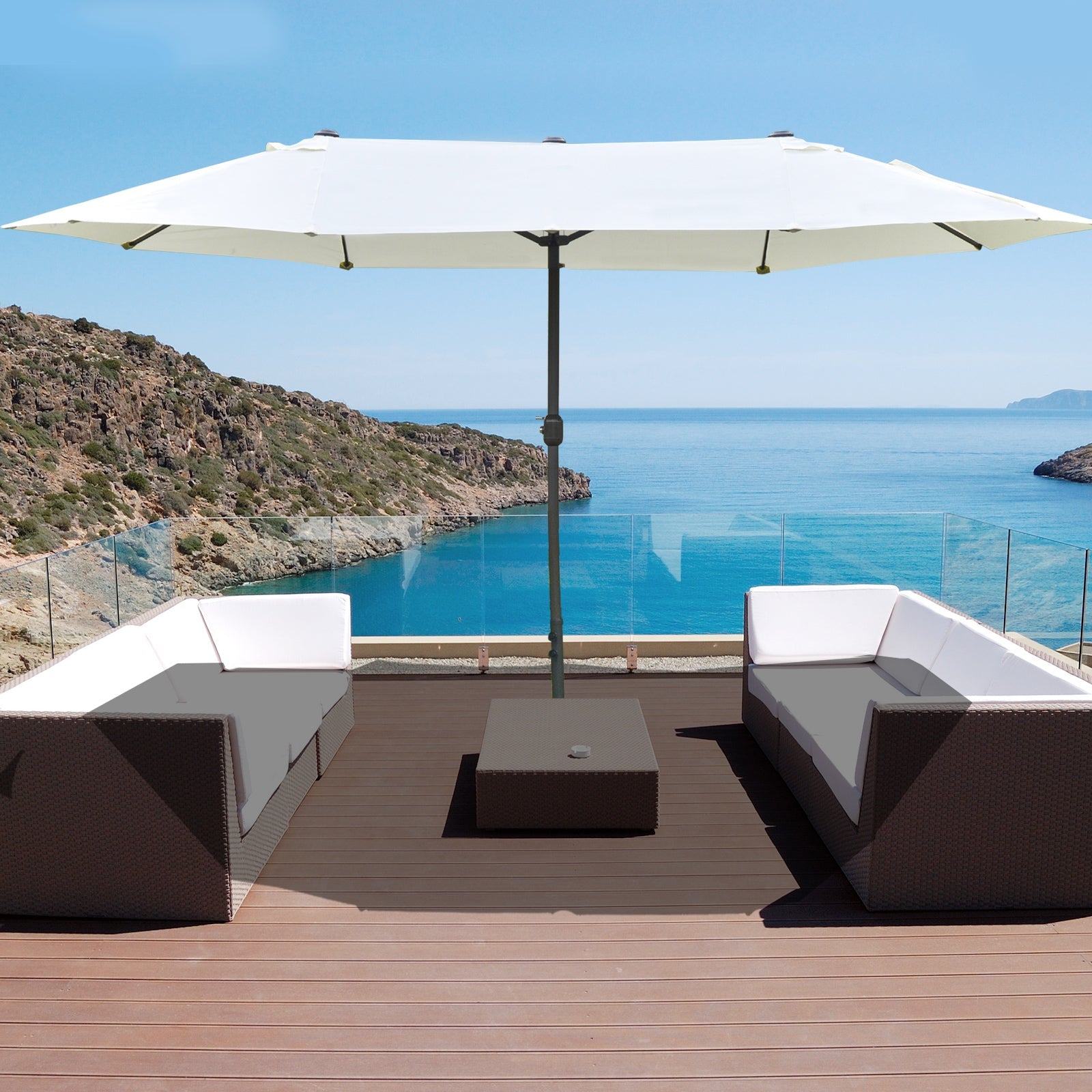 Outsunny 15' Double Canopy Patio Umbrella Sunshade Elegance: Lift Crank, Cross Base, Sandbag, Beige Hue 