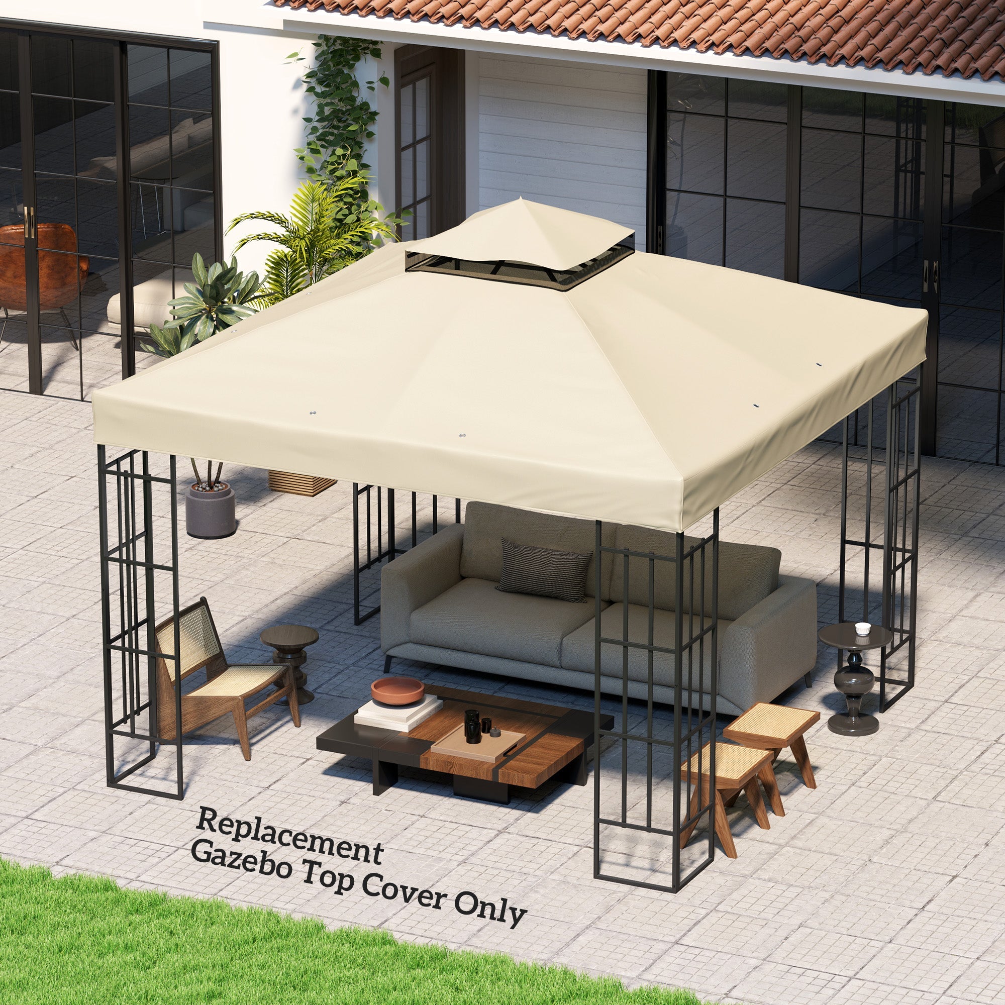 Outsunny 10' x 10' Gazebo Canopy Replacement Cover, 2-Tier Garden Gazebo Roof Replacement, UPF30+, TOP COVER ONLY, Cream White 