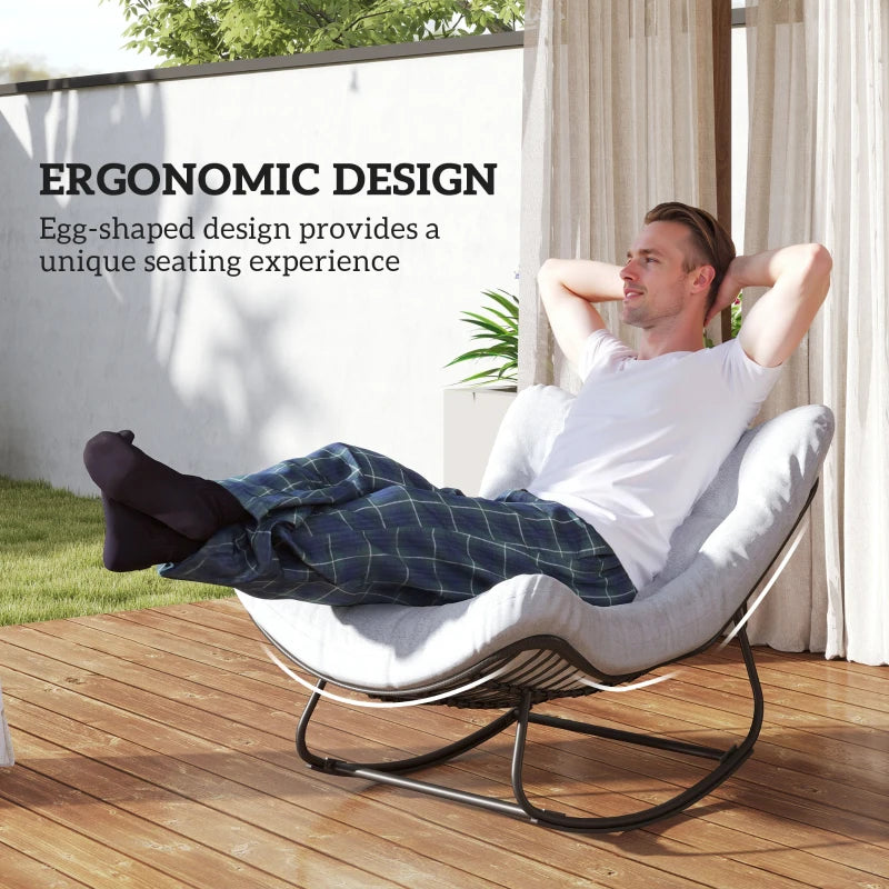 Oversized Rattan Patio Egg Chair, Outdoor Rocking Chair with Padded Cushion for Indoor, Porch, Grey