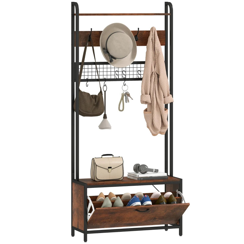 5-In-1 Coat Rack Shoe Bench, Hall Tree with Bench, Shoe Cabinet, 10 Hooks for Hallway, Mud Room, Rustic Brown