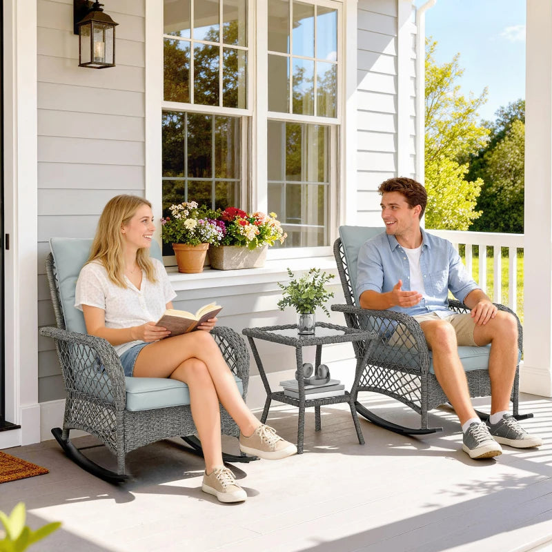 Rocking Bistro Set, 3 Piece Wicker Patio Furniture with High Back Rocking Chairs and 2-Tier Glass Table, Light Grey