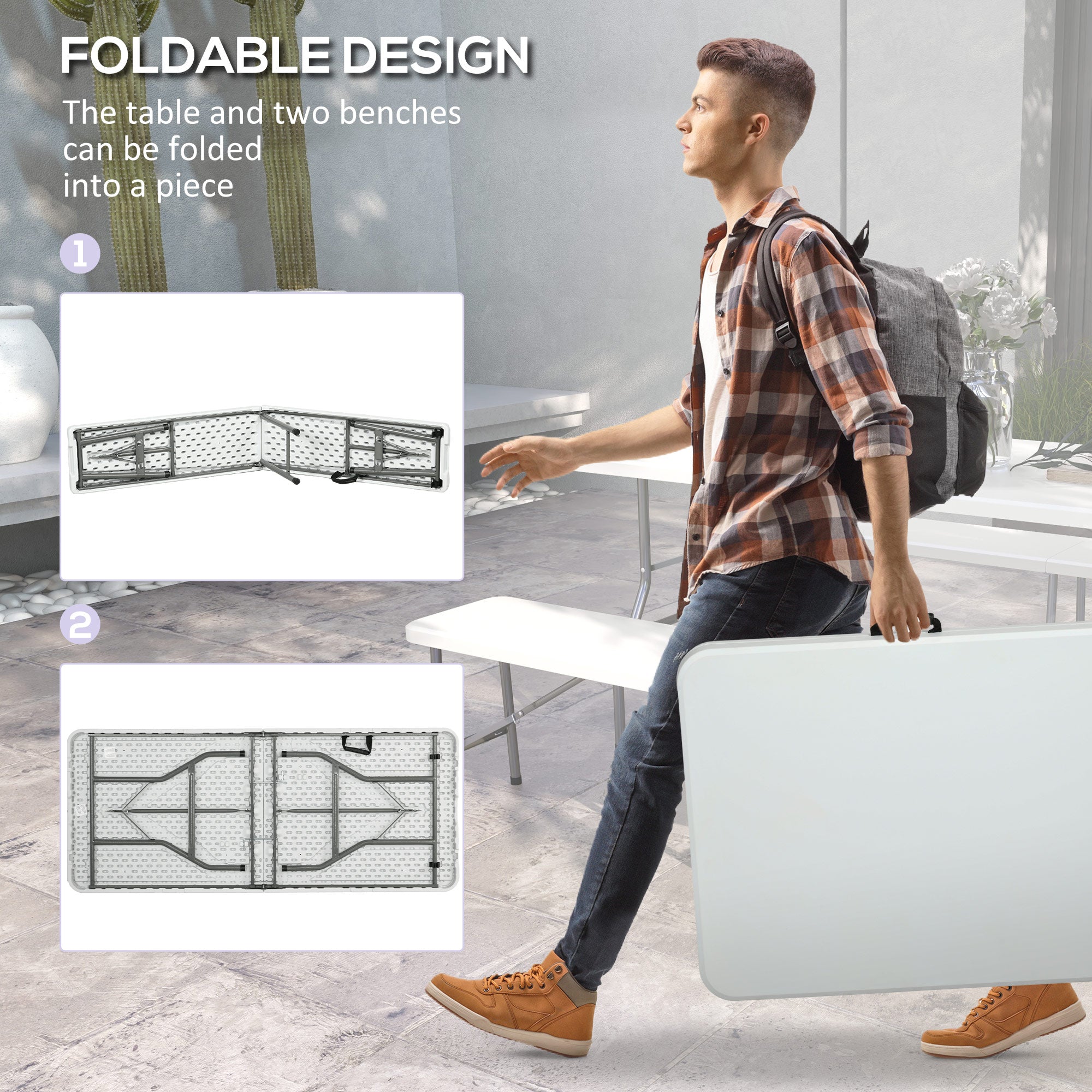 Outsunny 72" Folding Picnic Table Set, 2 Benches, 3-Piece Outdoor HDPE German Style Biergarten Foldable Beer Table for 6, White 