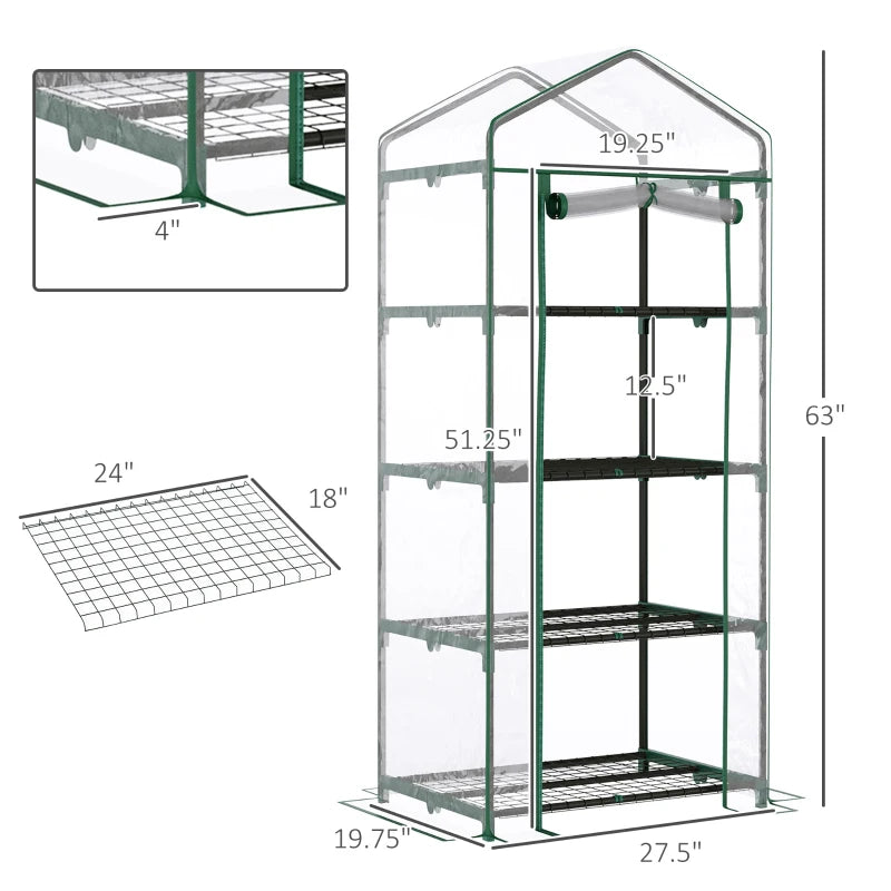 Portable Greenhouse with 4 Tier Shelves Outdoor Hot House, Steel Frame, PVC Cover, 28" x 20" x 63", Transparent