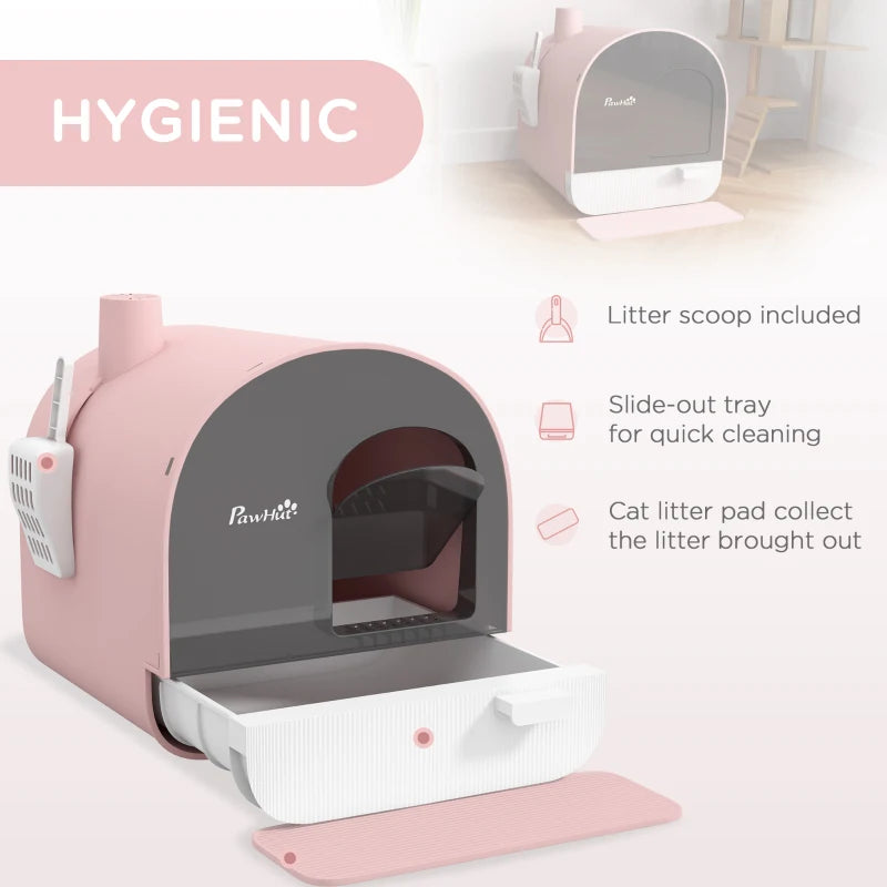 Cat Litter Box with Lid, Removable Tray, Scoop, Filter, Pink