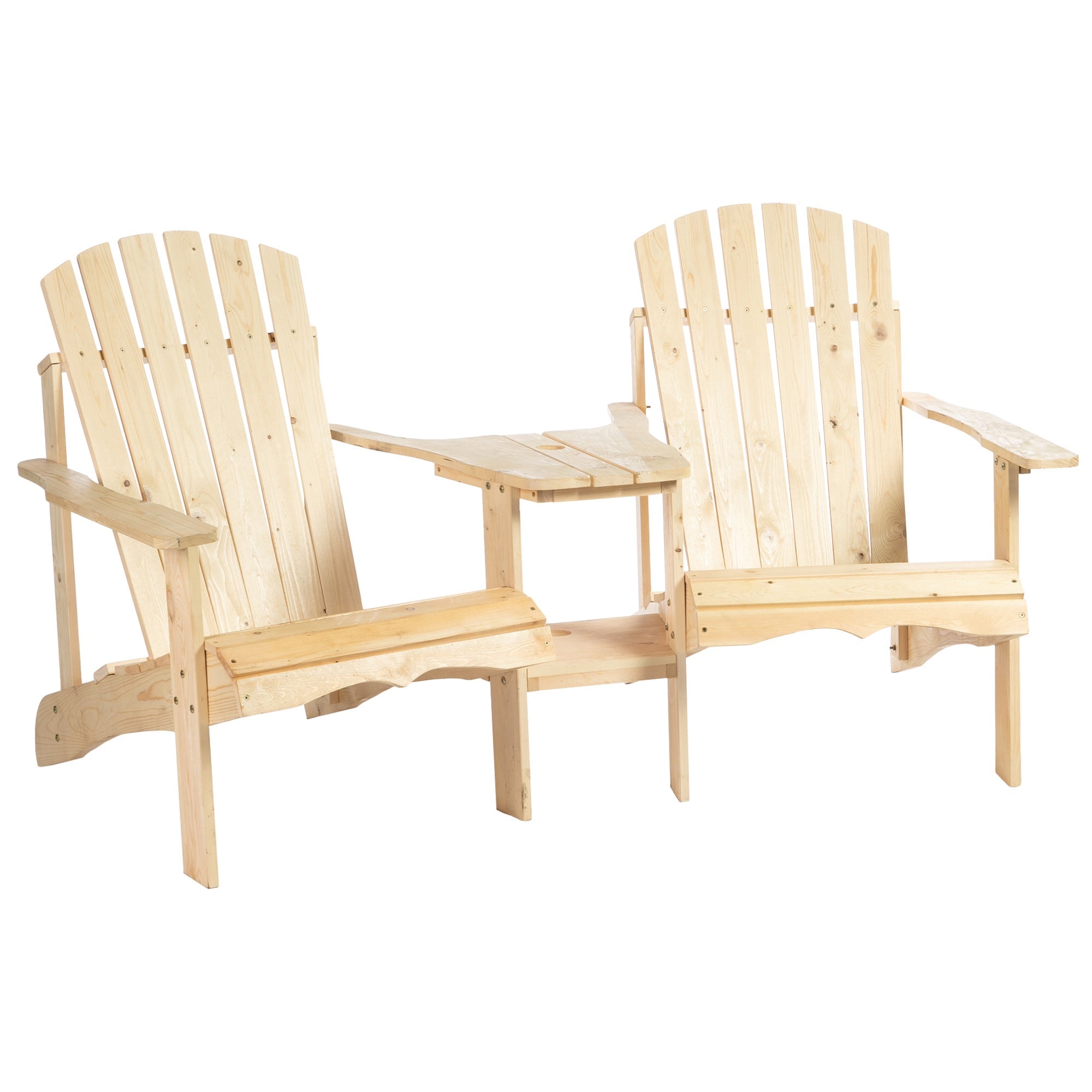 Outsunny Adirondack Chair Pair with Middle Table Tete-A-Tete Bench Outdoor Patio Wooden Reclined Natural 