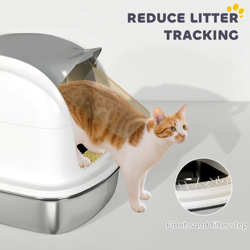 Large Stainless Steel Cat Litter Box with Lid, Enclosed Cat Litter Box with Flip Cover, Scoop