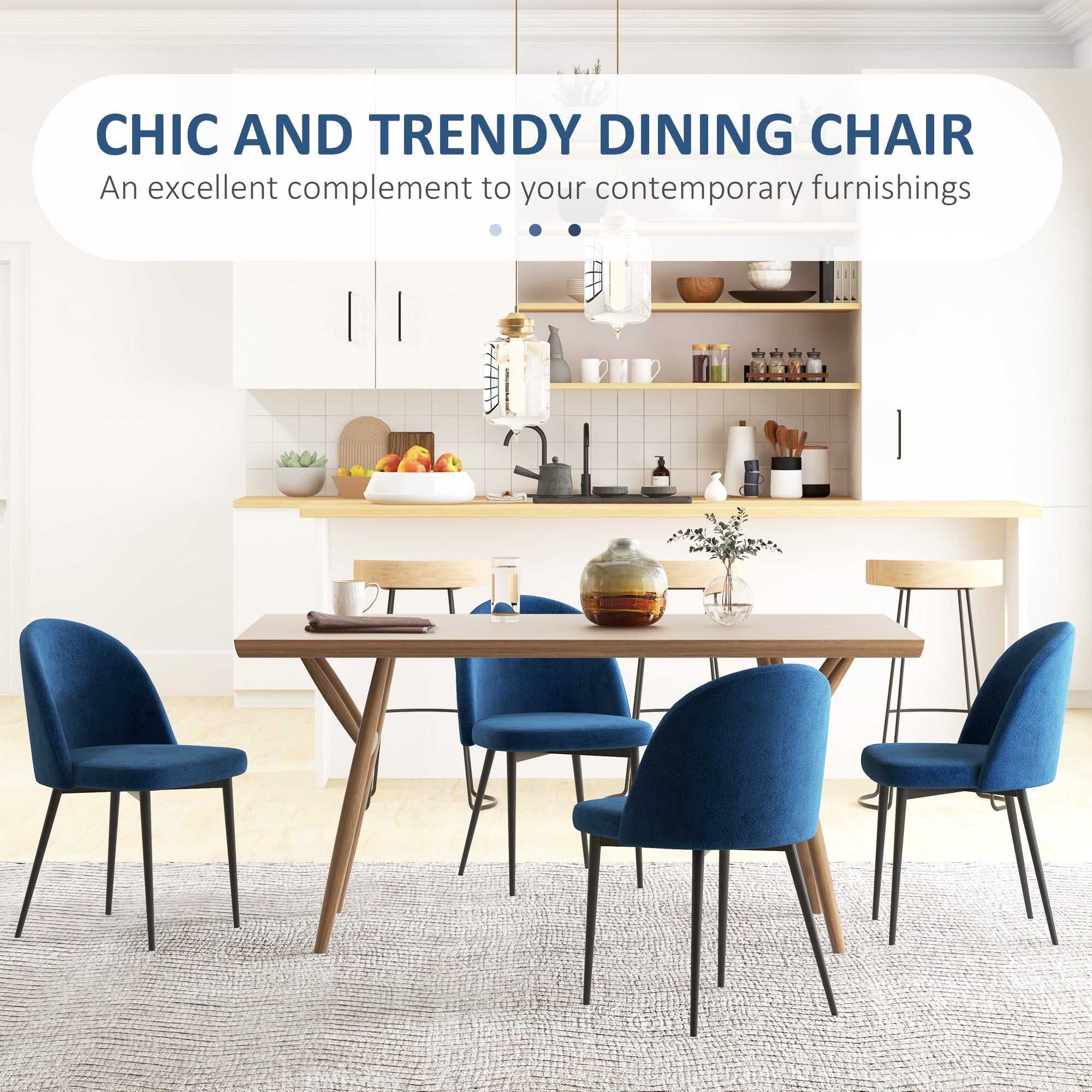 HOMCOM Modern Dining Chairs, Mid-Back Velvet-touch Upholstery Side Chair, Table Chair for Living Room, Dining Room, Dark Blue, Set of 4 