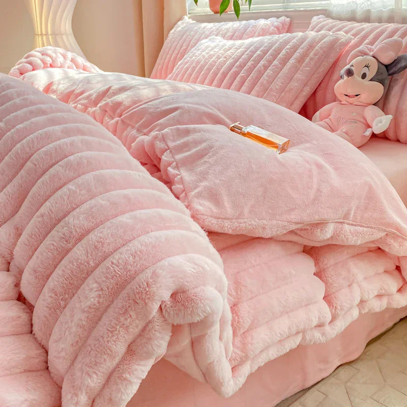 Rabbit Plush Four-piece Set Thickened Milk Fiber Sheets Coral Fleece Duvet Cover 