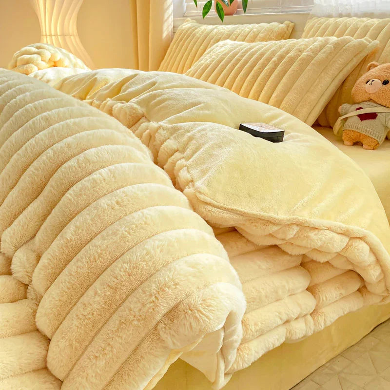 Rabbit Plush Four-piece Set Thickened Milk Fiber Sheets Coral Fleece Duvet Cover 
