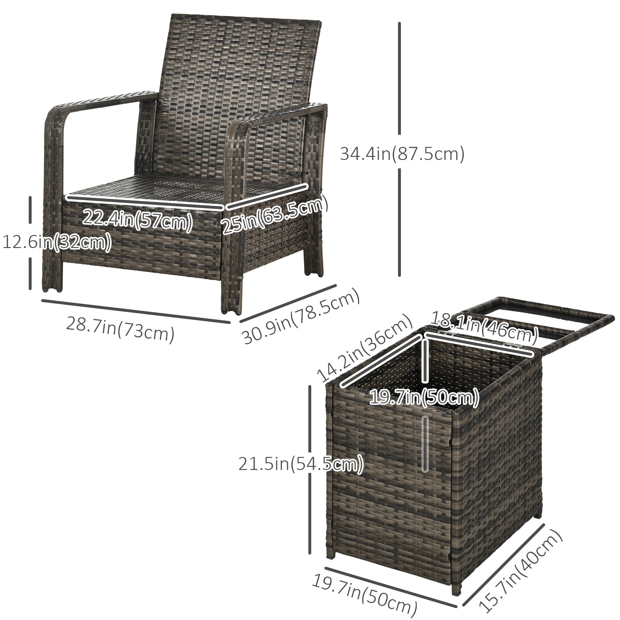 Outsunny 3 Pieces Patio Bistro Set, PE Rattan Garden Sofa Set with 2 Padded Chairs 1 Storage Table, Blue 