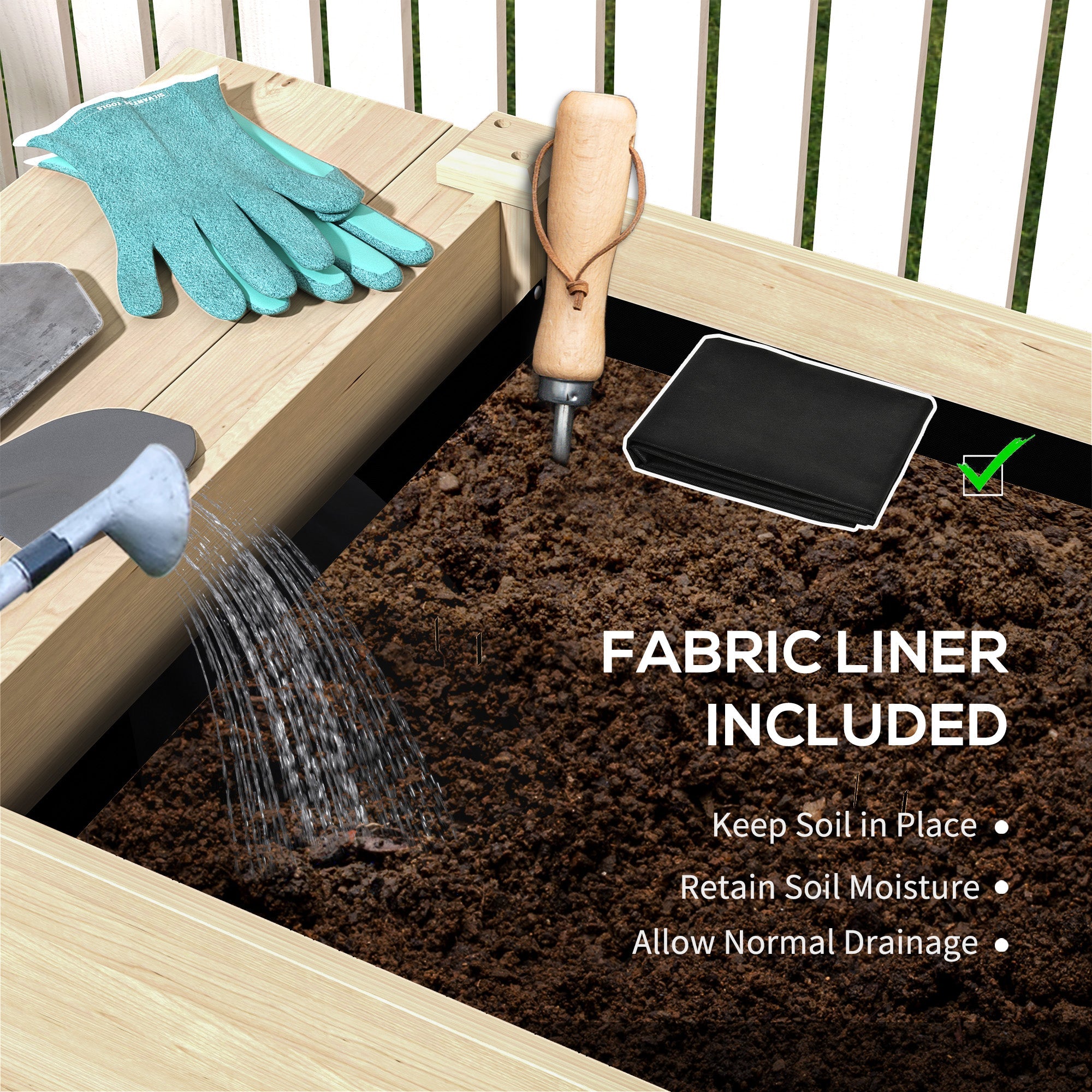 Outsunny Raised Garden Bed, Wood Planter Box with Side Table, Bottom Shelf, Bed Liners and Drainage Holes, Natural 