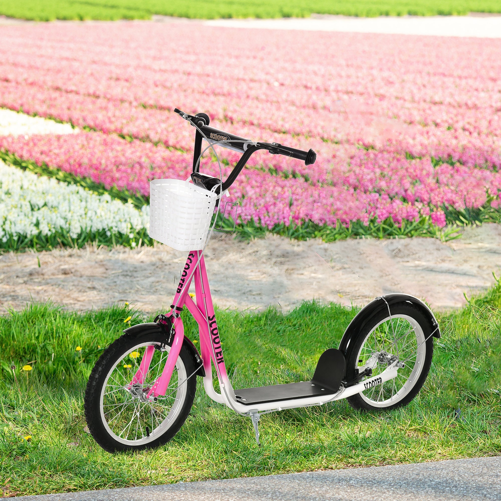 Aosom Kick Scooter for Kids Teens with Adjustable Handlebar Dual Brakes 16" Inflatable Rubber Tyres Outdoor Fun Pink 
