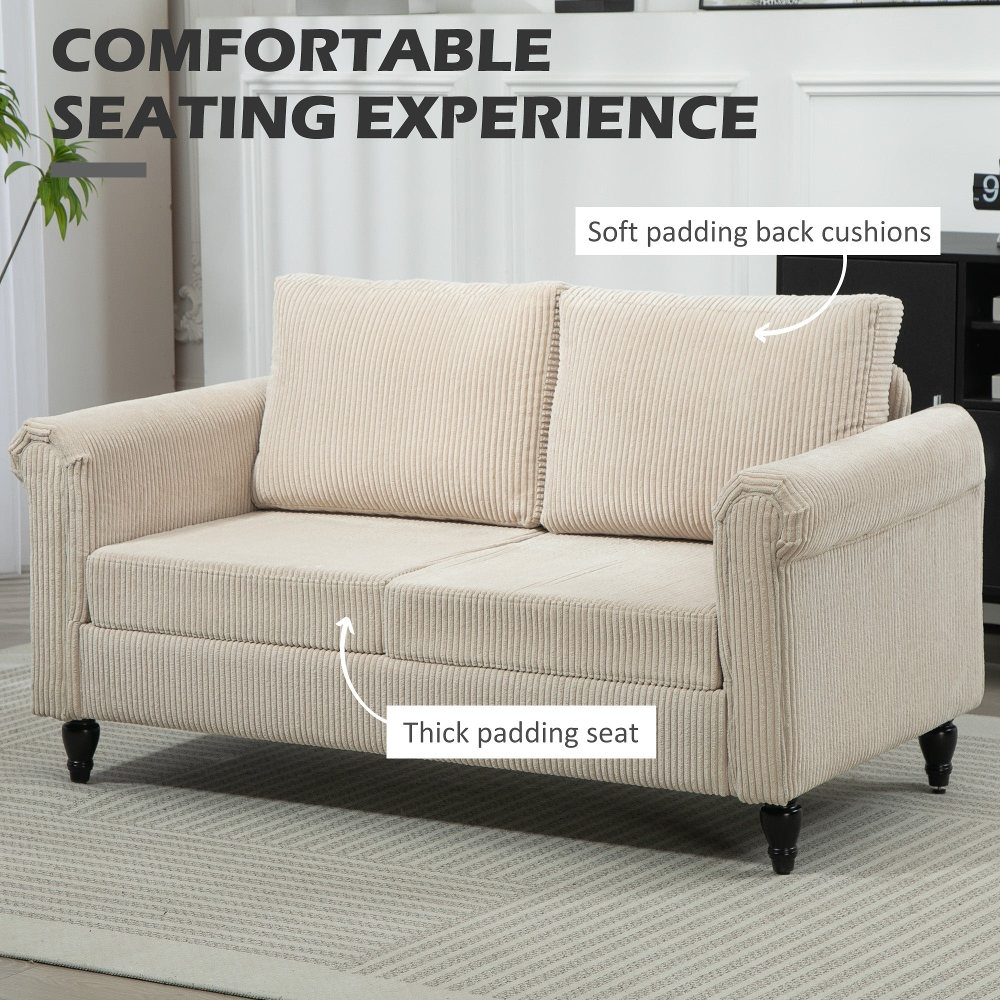 HOMCOM Vintage Loveseat, Upholstered Love Seat Furniture, Fabric 2 Seater Sofa with Rolled Arms, Rubber Wood Legs, Beige 