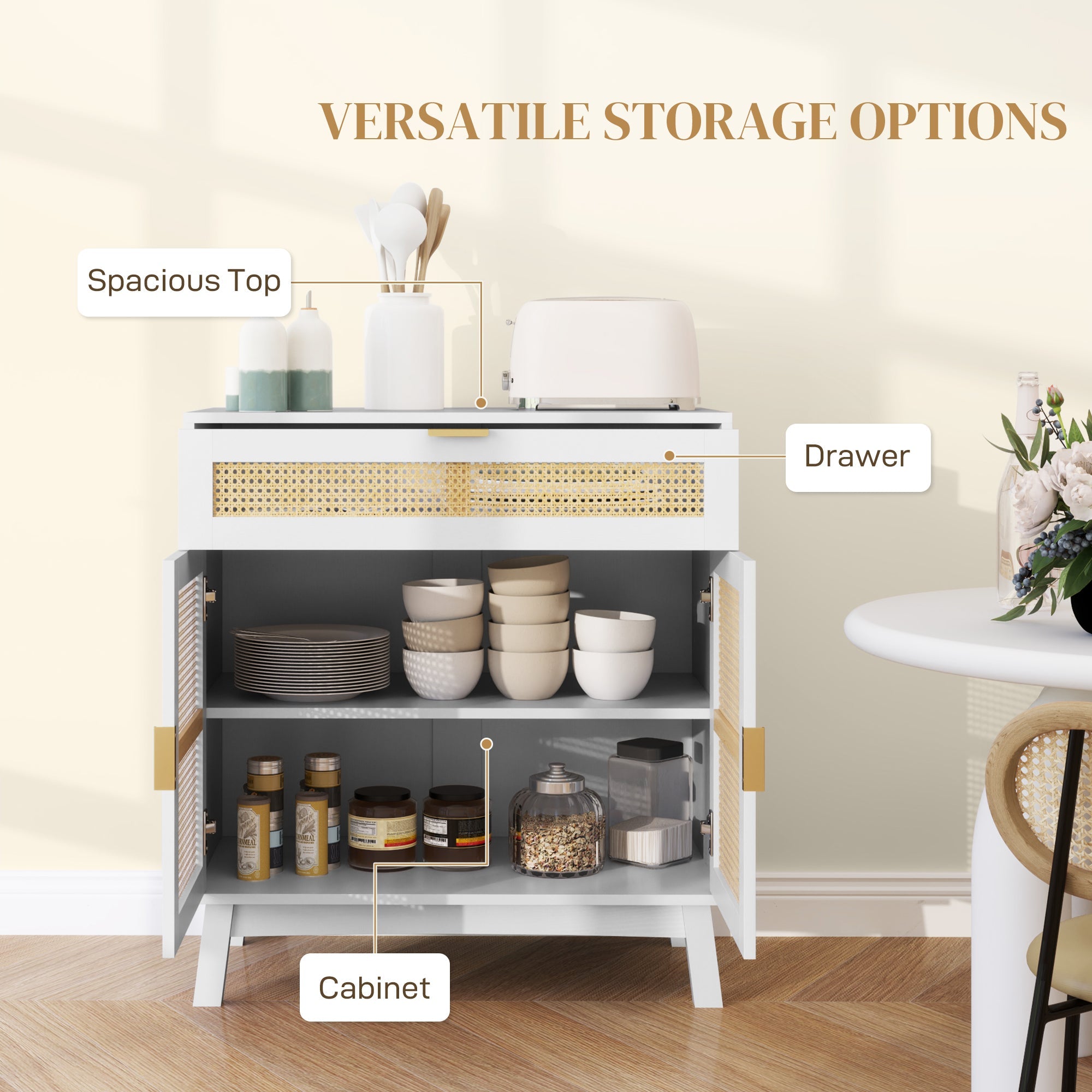 HOMCOM Boho Sideboard Storage Cabinet with Rattan Doors, White 