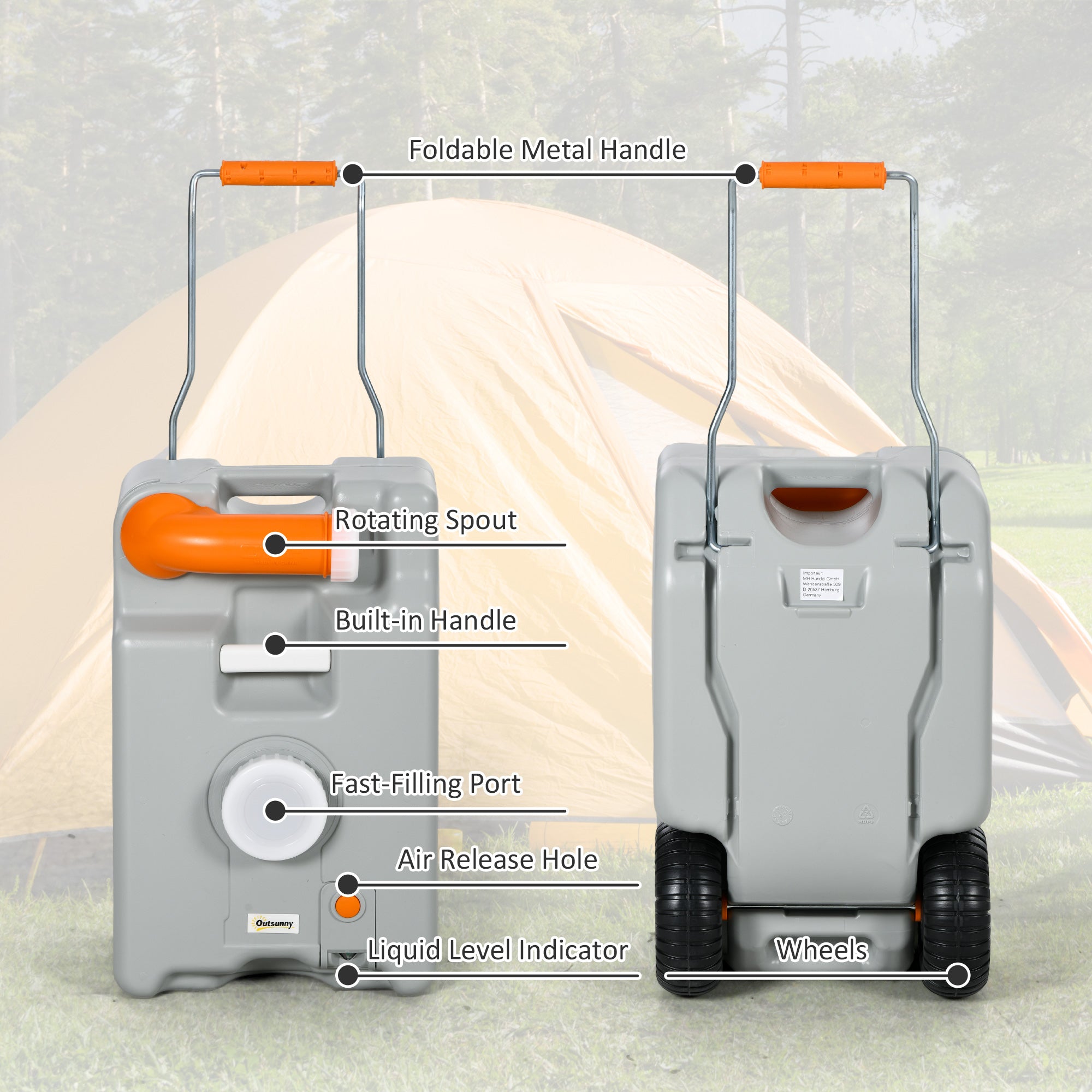 Outsunny 5.8 Gallon RV Waste Tank, Water Container with Collapsible Handle and Wheels, Portable Water Tank for Camping, Grey 