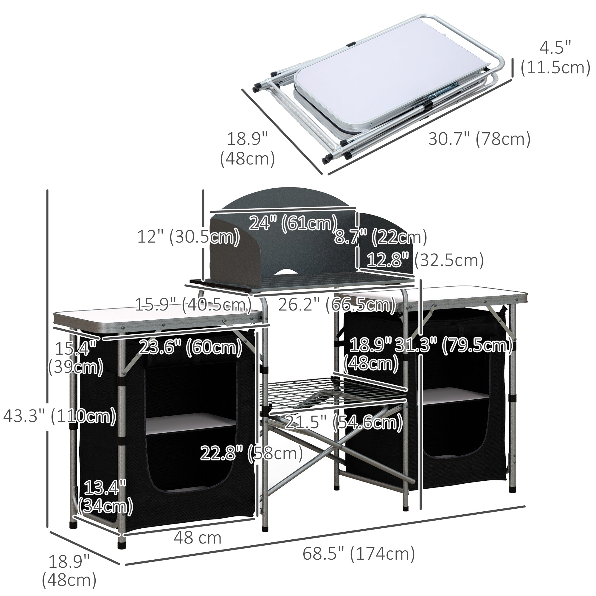 Outsunny Folding Camping Table with Windshield Aluminum Portable Kitchen Cupboards BBQ Camp Party Picnic 