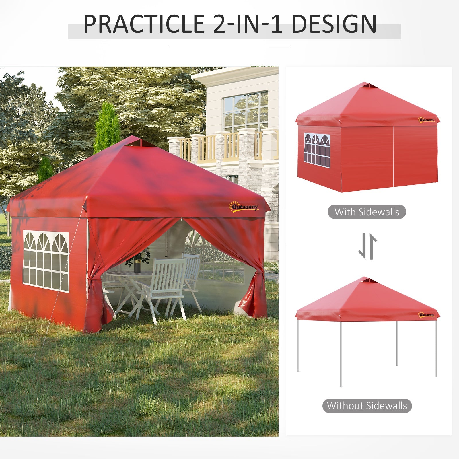 Outsunny 10' x 10' Pop Up Canopy Tent, Instant Shelter Tent with Sidewalls, Windows, Roller Bag and Sand Bags for Garden, Patio, Red 