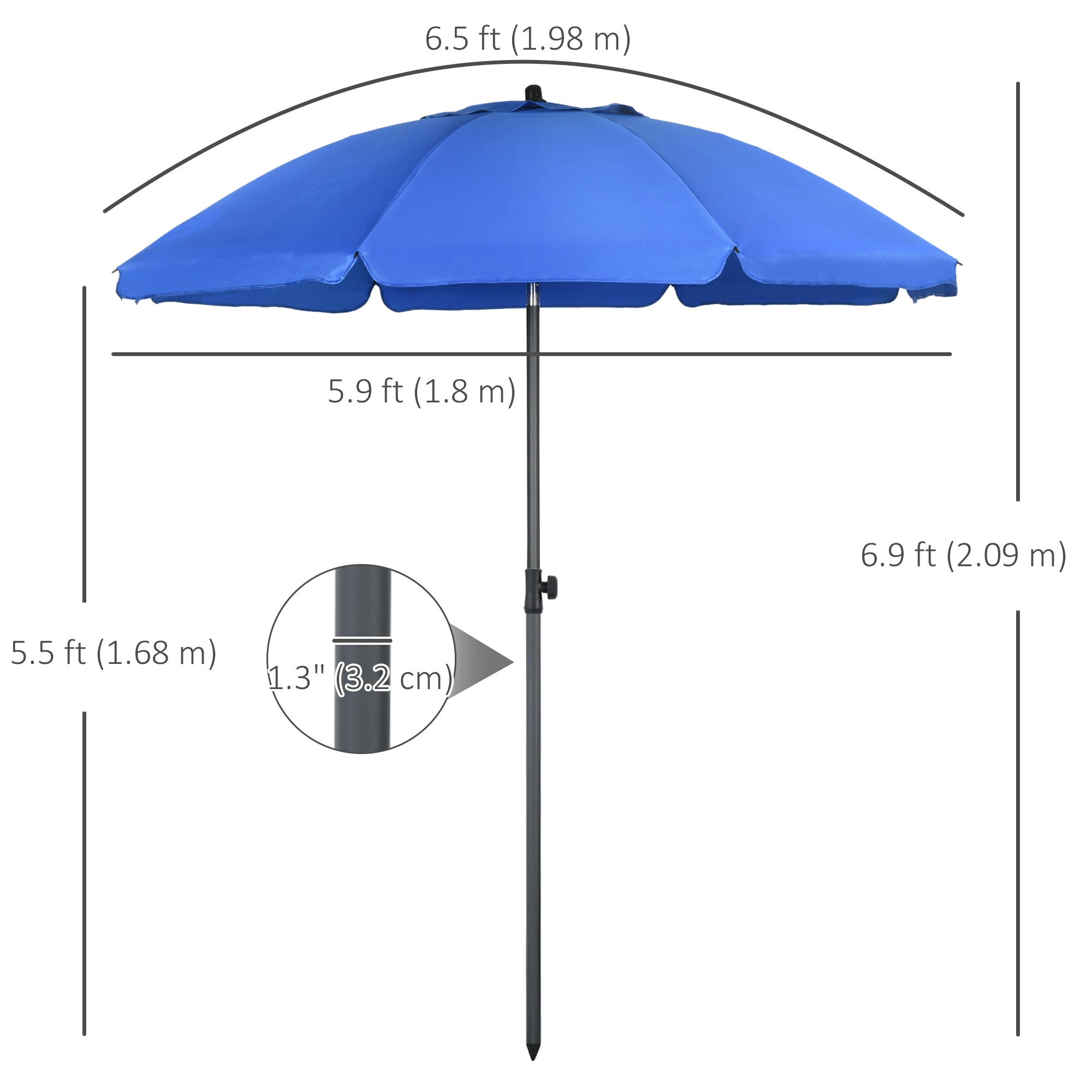 Outsunny 6FT Portable Beach Umbrella: UV50+ Vented 45° Tilt Adjustable Sun Shade Poolside Blue 