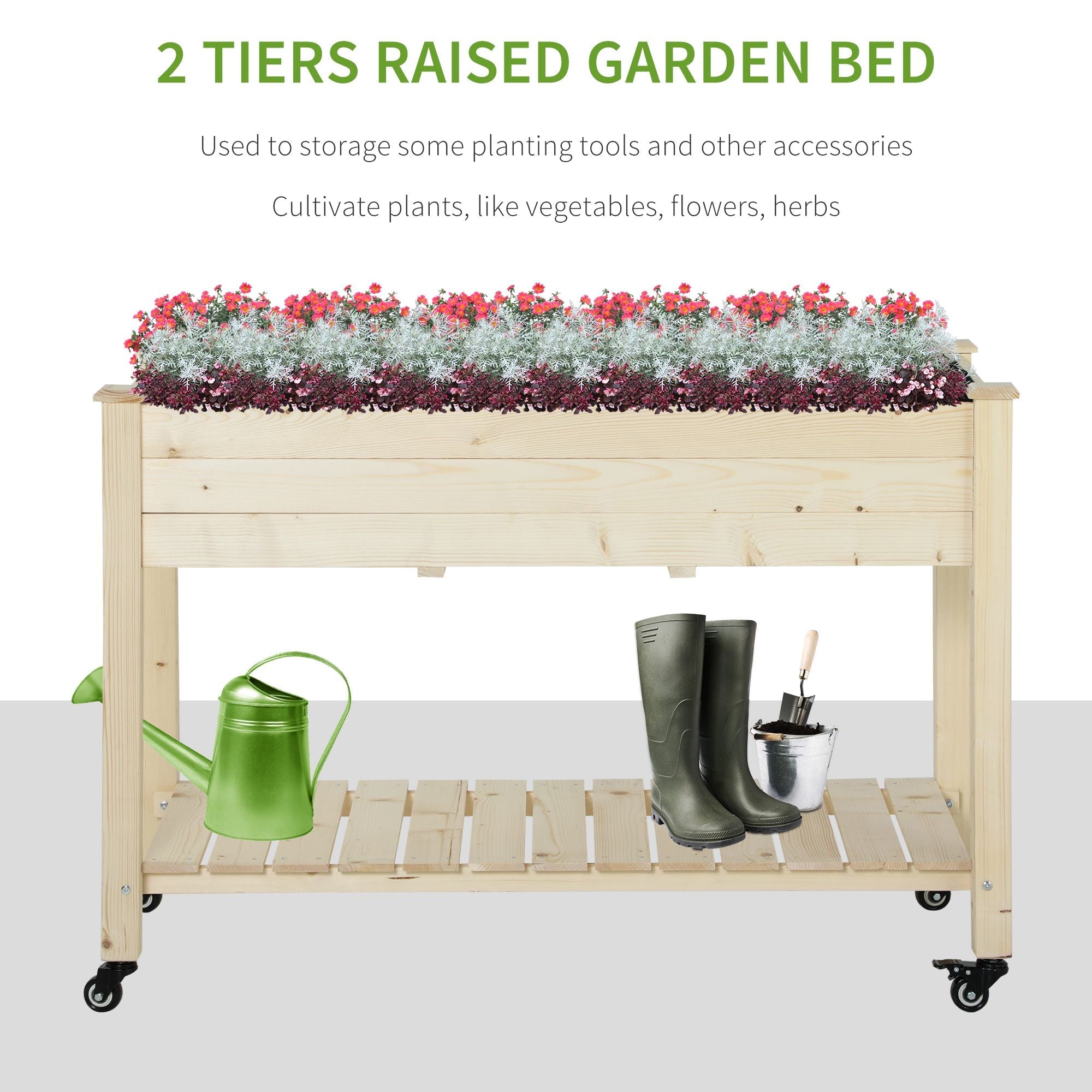 Outsunny Raised Garden Bed Mobile Elevated Wood Planter Box w/ Lockable Wheels Storage Shelf for Herbs and Vegetables Backyard 
