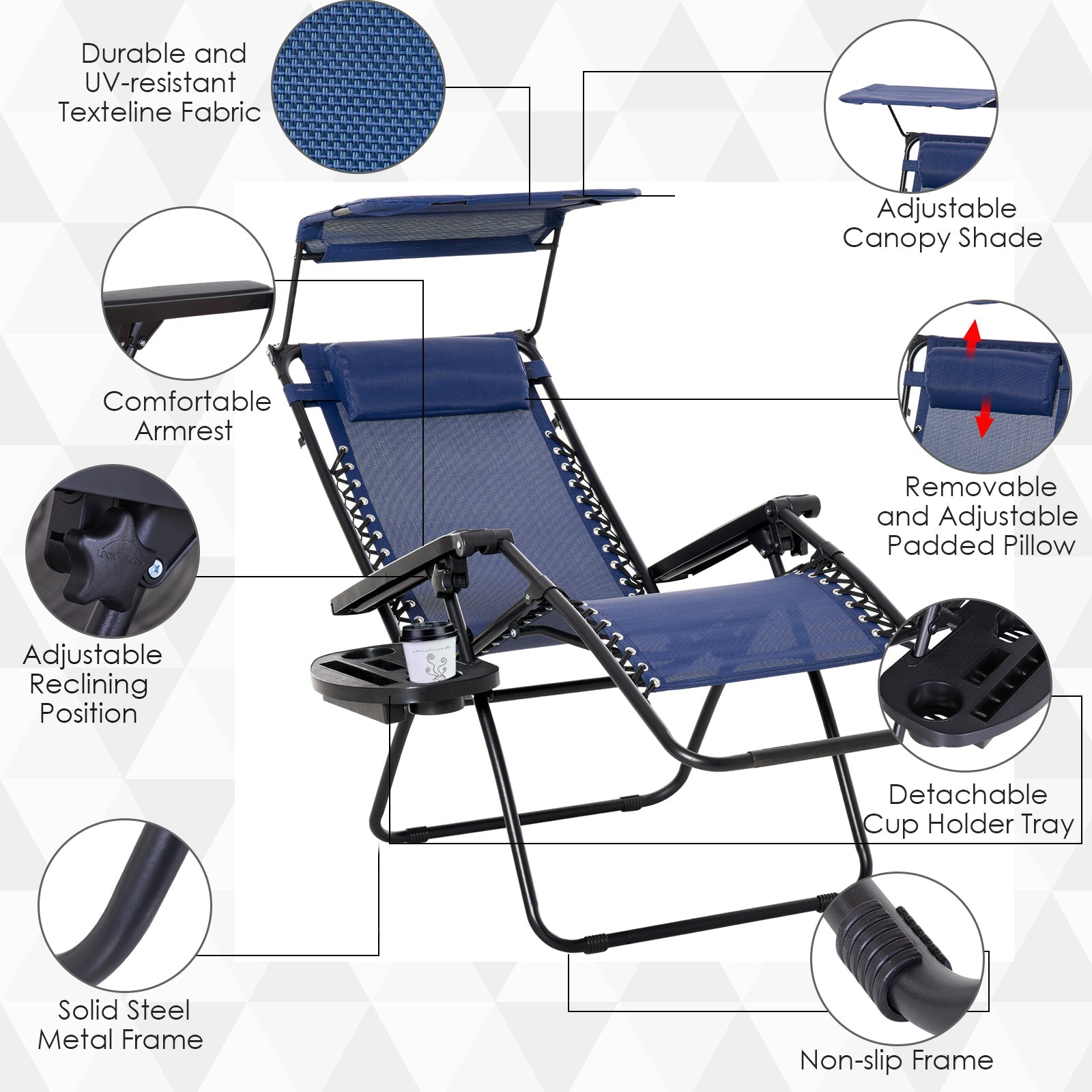 Outsunny Zero Gravity Chair 2pc Adjustable Patio Lounge Recliner with Cup Holder Canopy Shade Blue 