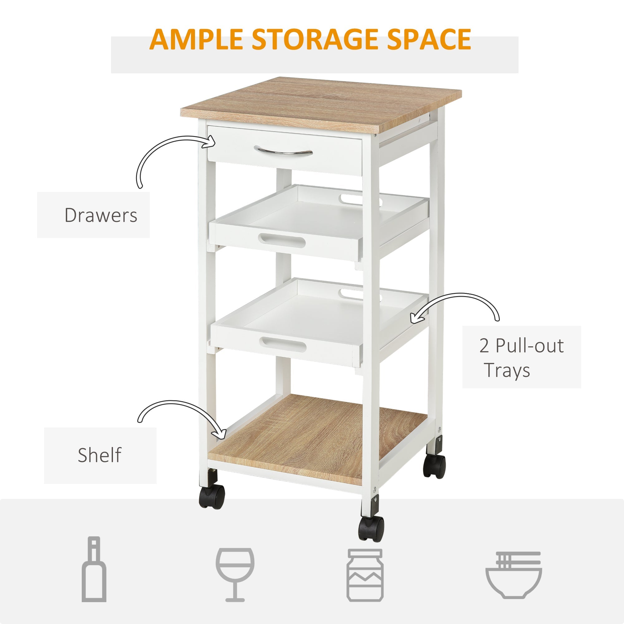 HOMCOM Culinary Caddy: 4-Tier Serving Trolley Kitchen Cart with Drawer, Pull Out Trays, Rolling Wheels for Dining Room, White Finish 