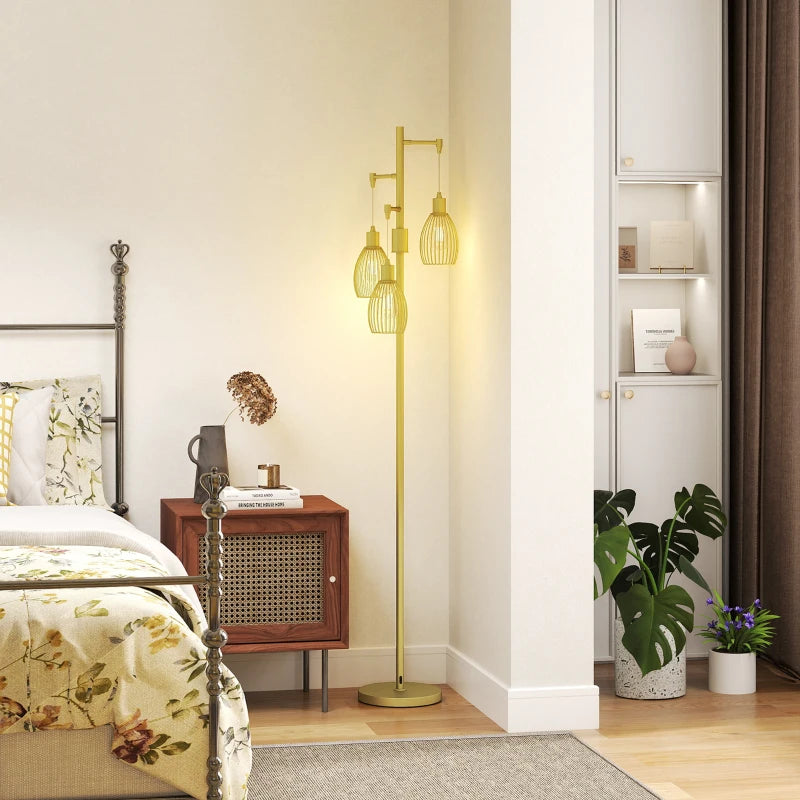 Industrial Floor Lamp with 3 Hanging Wire Lampshades, Dimmable Standing Lamp for Living Room, Gold