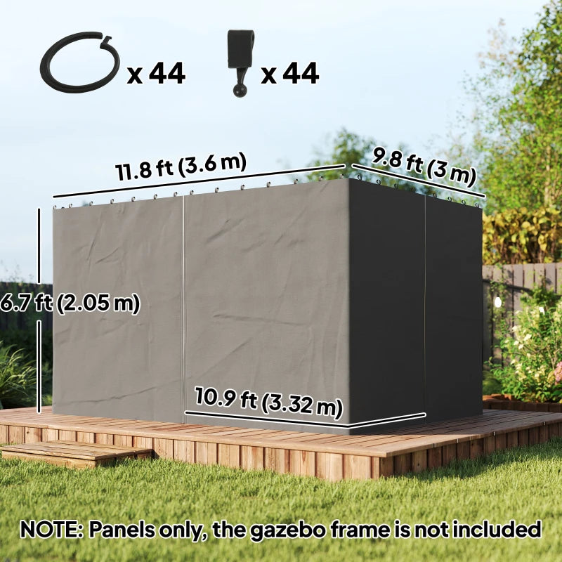 Gazebo Curtains, 10' x 12' Universal Replacement Privacy Curtain, 4-Panels Sidewall with Hooks/C-Rings, Grey