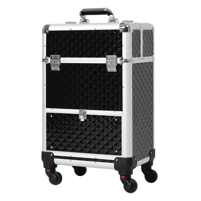 HOMCOM Portable Aluminum Makeup Train Case Rolling Cosmetic Organizer Trolley Salon Beauty Black with 4 Wheels 