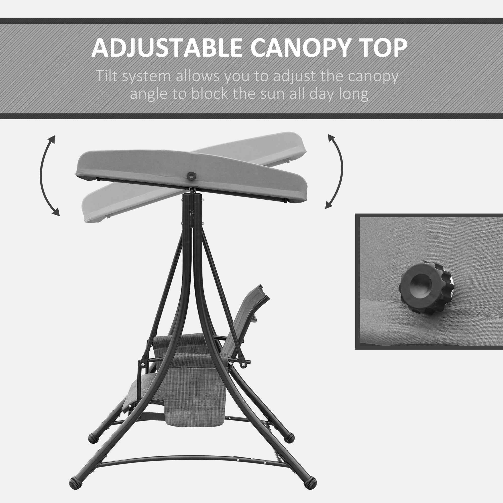 Outsunny 3 Person Porch Swing Chair - High Back Design, Side Pouches, Adjustable Canopy for Comfort, Dark Grey 